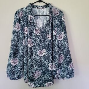 LOFT Mixed Media Floral Long Sleeve Blouse XL